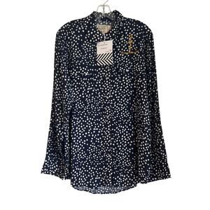 NWT Sandrine Rose Polka Dot Button Down Shirt Navy/White, Womens L